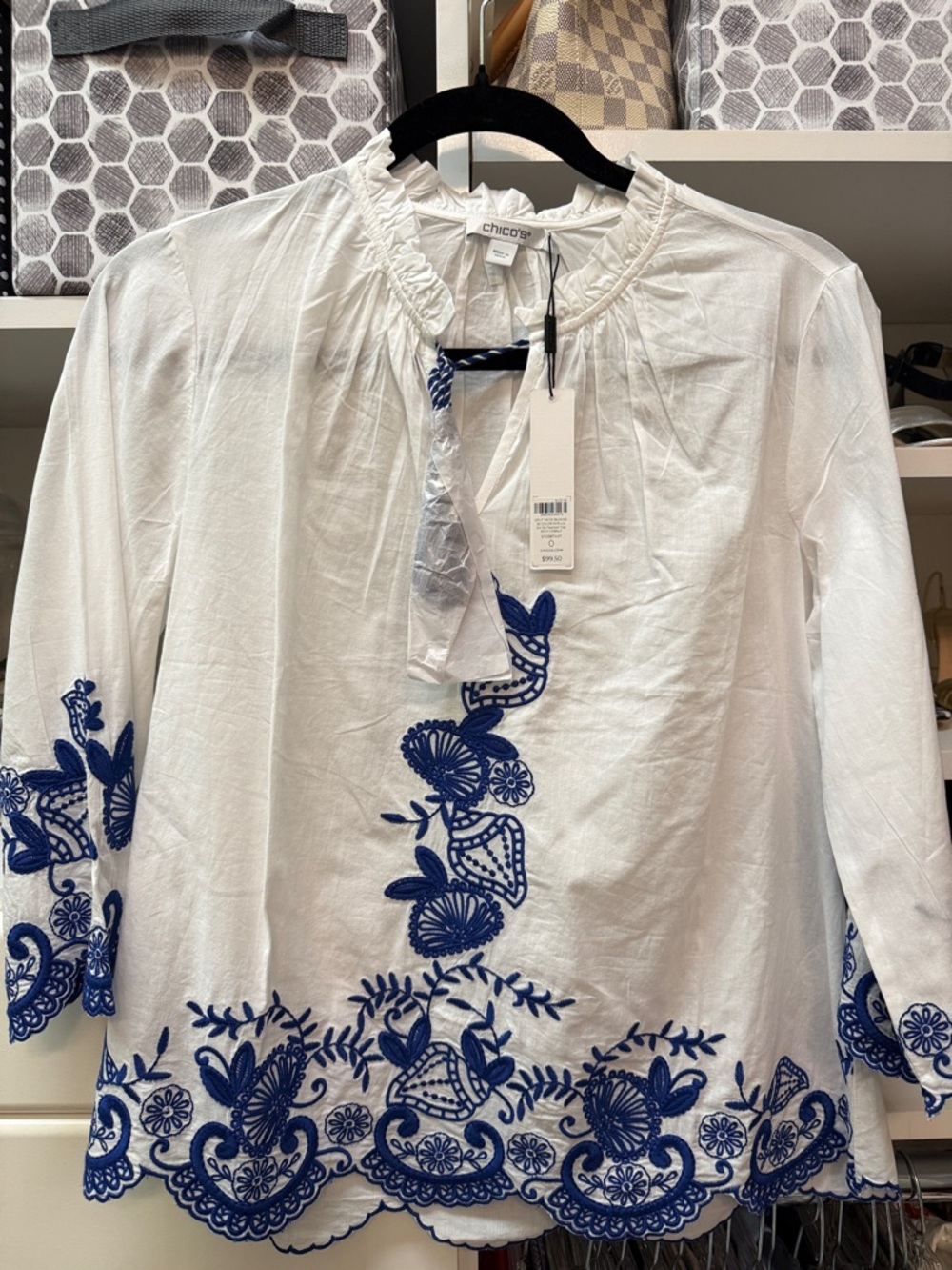 Chico's White Popover Blouse with Blue Floral Embroidery